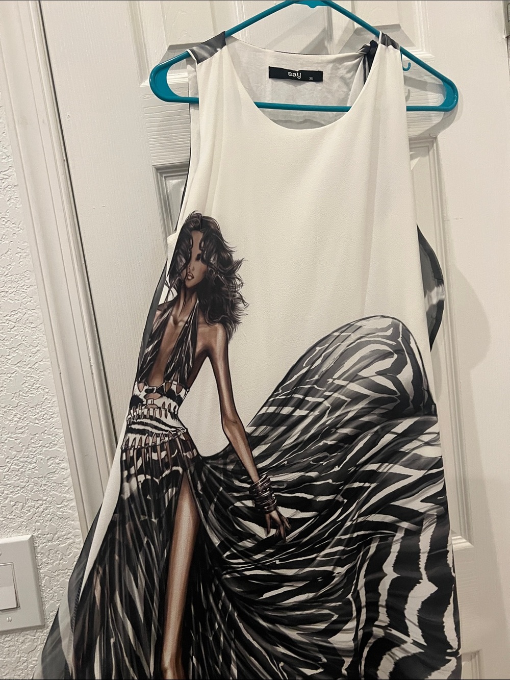 Unique White Maxi Dress - Black Graphic design , day wedding,look great anytime